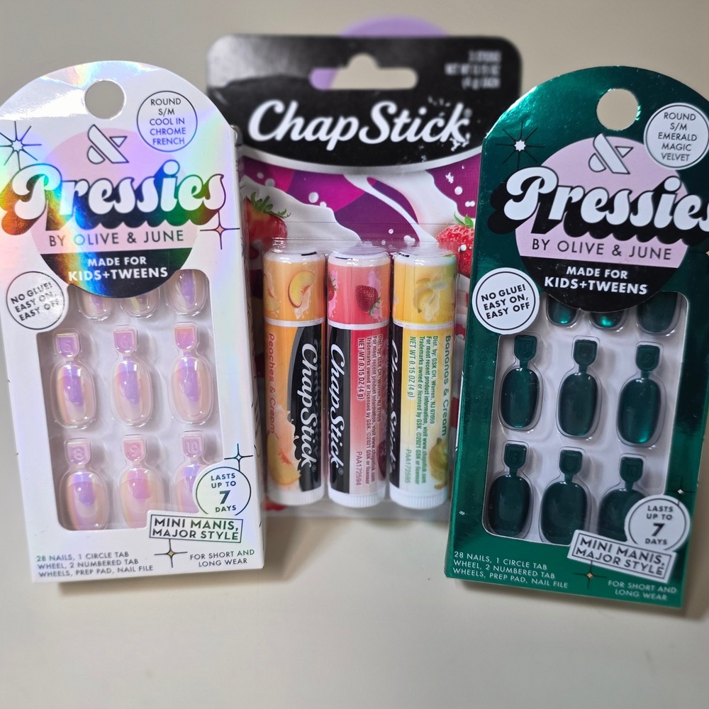NEW Olive & June Pressies Kids Nails Chrome Emerald & ChapStick 3pk Variety Set